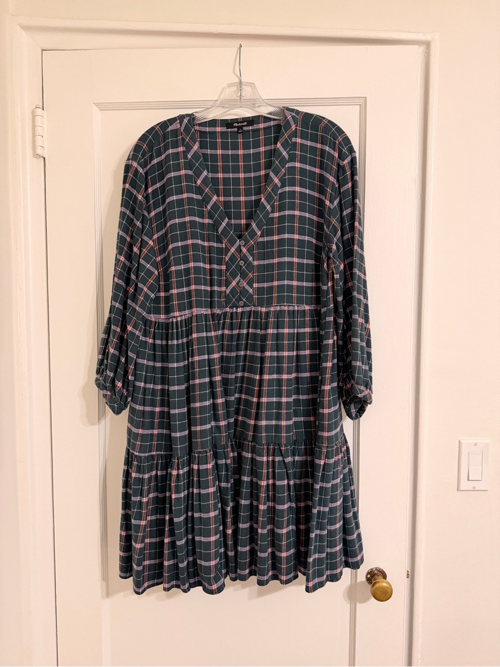 Madewell Plaid Tiered Dress in Dark Green and Lavender